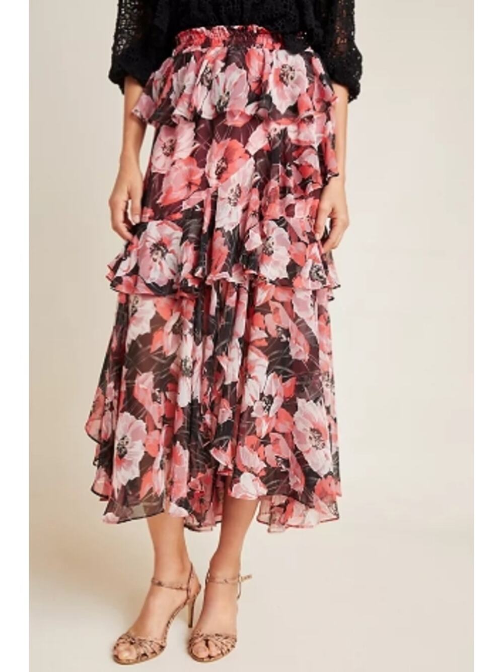 Md MISA Los Angeles Kiana Ruffled Midi Chiffon Skirt Floral Tiered Boho Romantic